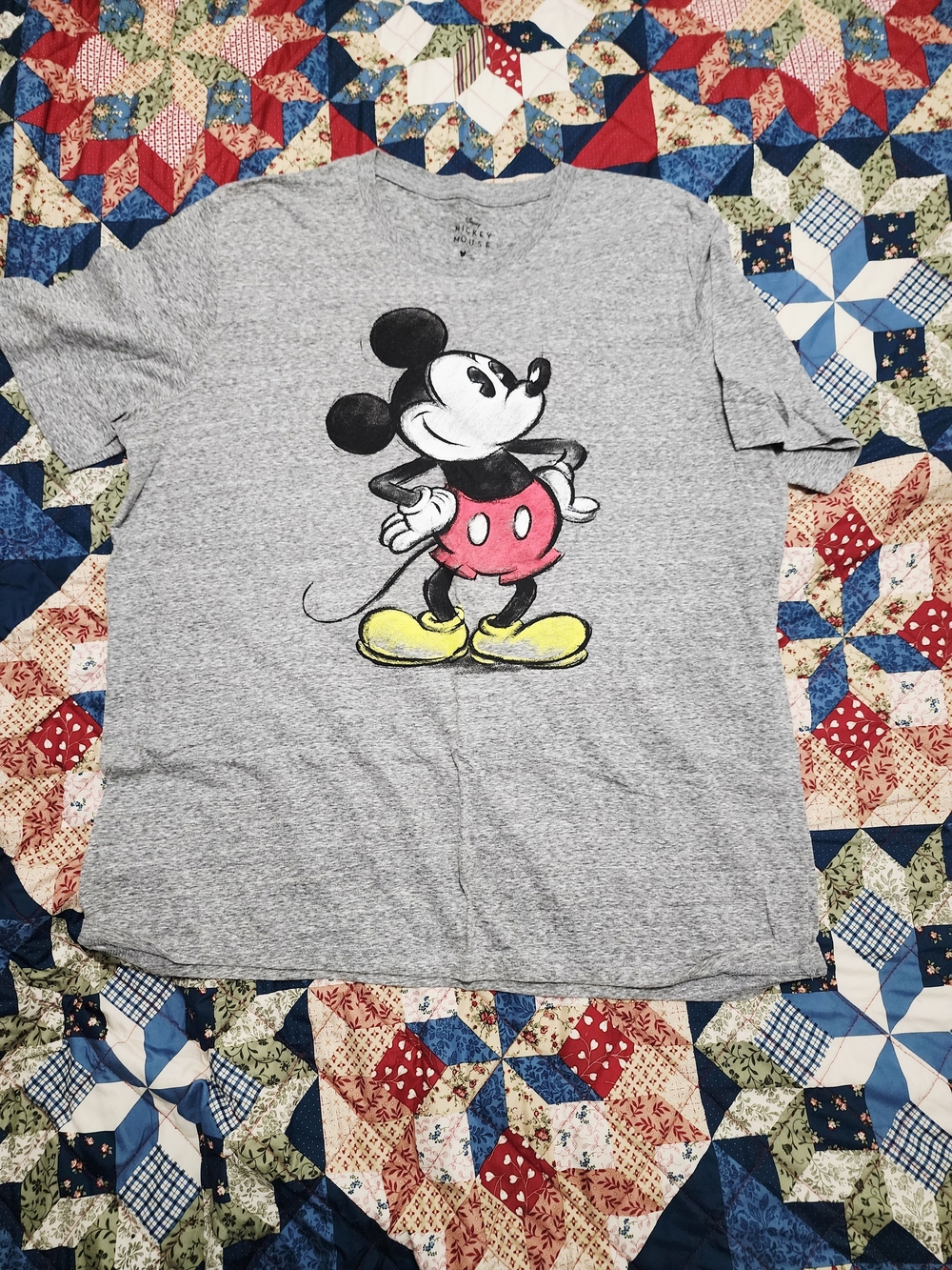 Disney Gray Mickey Mouse Graphic Tee with Red Shorts and Yellow Shoes